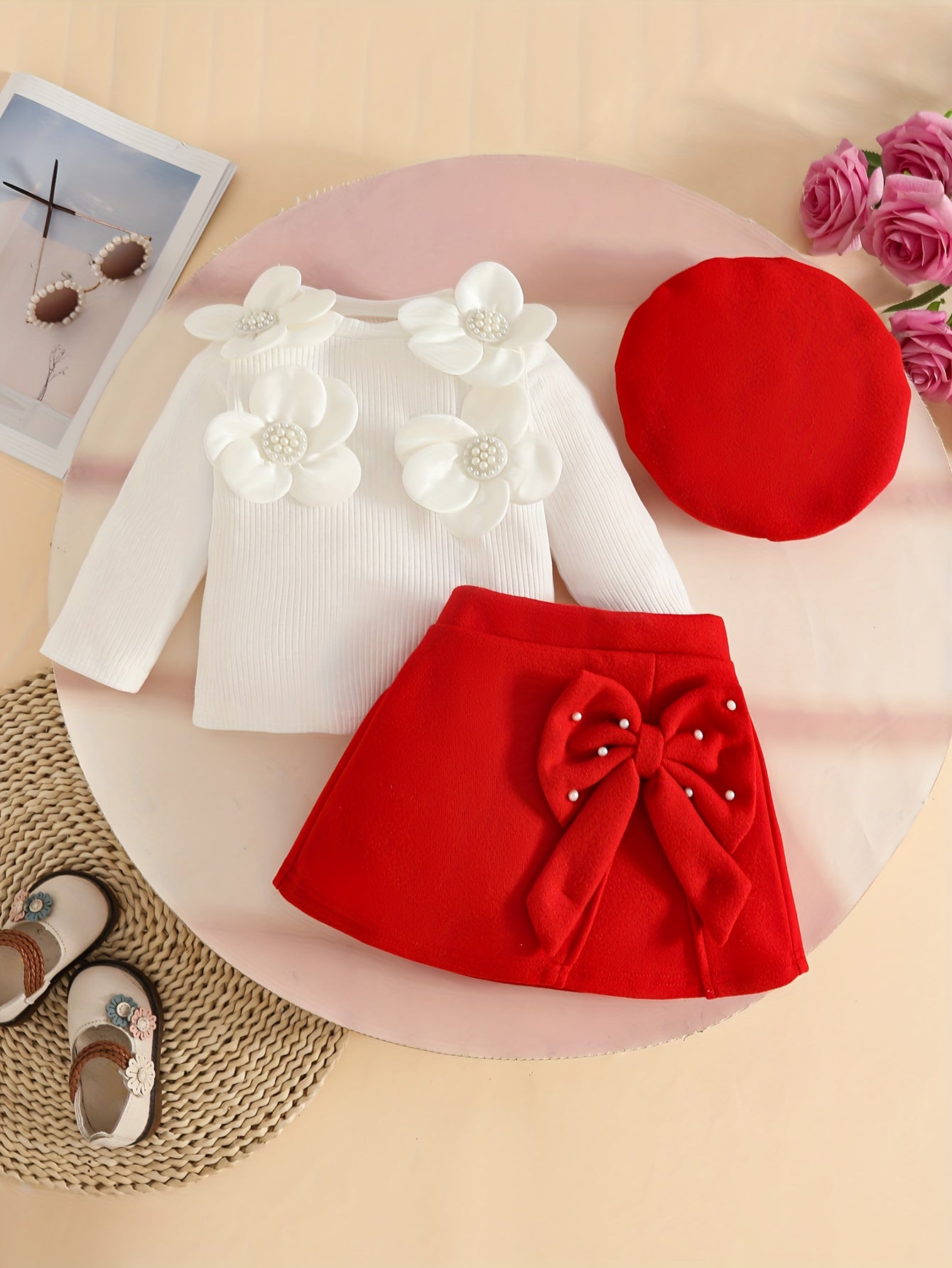 3pcs Girls' Elegant Tweed Outfit Set with Ruffled Sleeve Blouse, A-Line Skirt & Bow & Pearl-Adorned Hat - Soft Pink Winter Clothes for to 12m, Hand Washable Layered Dress for Everyday & Special Occasions, Semi- Round Neck Lon