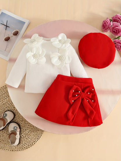 3pcs Girls' Elegant Tweed Outfit Set with Ruffled Sleeve Blouse, A-Line Skirt & Bow & Pearl-Adorned Hat - Soft Pink Winter Clothes for to 12m, Hand Washable Layered Dress for Everyday & Special Occasions, Semi- Round Neck Lon