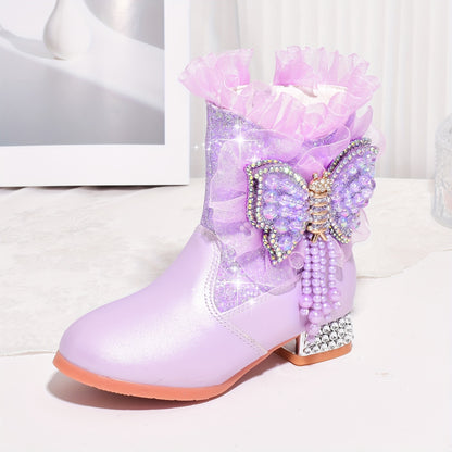 Shoes with Fleece for Winter, Stylish Short Boots for Girls, New Warm High-Heeled Princess Shoes with Bows for Snowy Days.