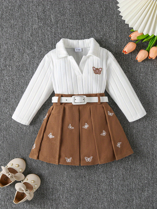 Girls' White Ribbed Knit Long Sleeve Top with Brown Pleated Skirt & Belt - Cute V-Neck Blouse, Soft Stretchy Fabric, Perfect for Fall/Winter Outings, Baby Girl Outfit, Perfect for Outdoor, Perfect for, for Outdoor, and specia
