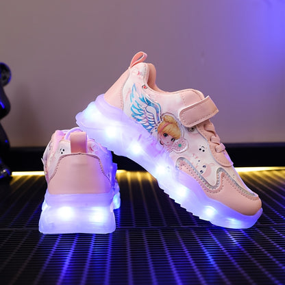Girls & Glowing LED Sneakers with USB Charging, Low-Top Light-Up Shoes with Heart & Star Patterns, Pastel Pink/Clear Light Effects, Breathable PU Mesh & Cushioned TPR Sole for Nighttime Play,, - Magical Glow-in-the-Dark Shoes