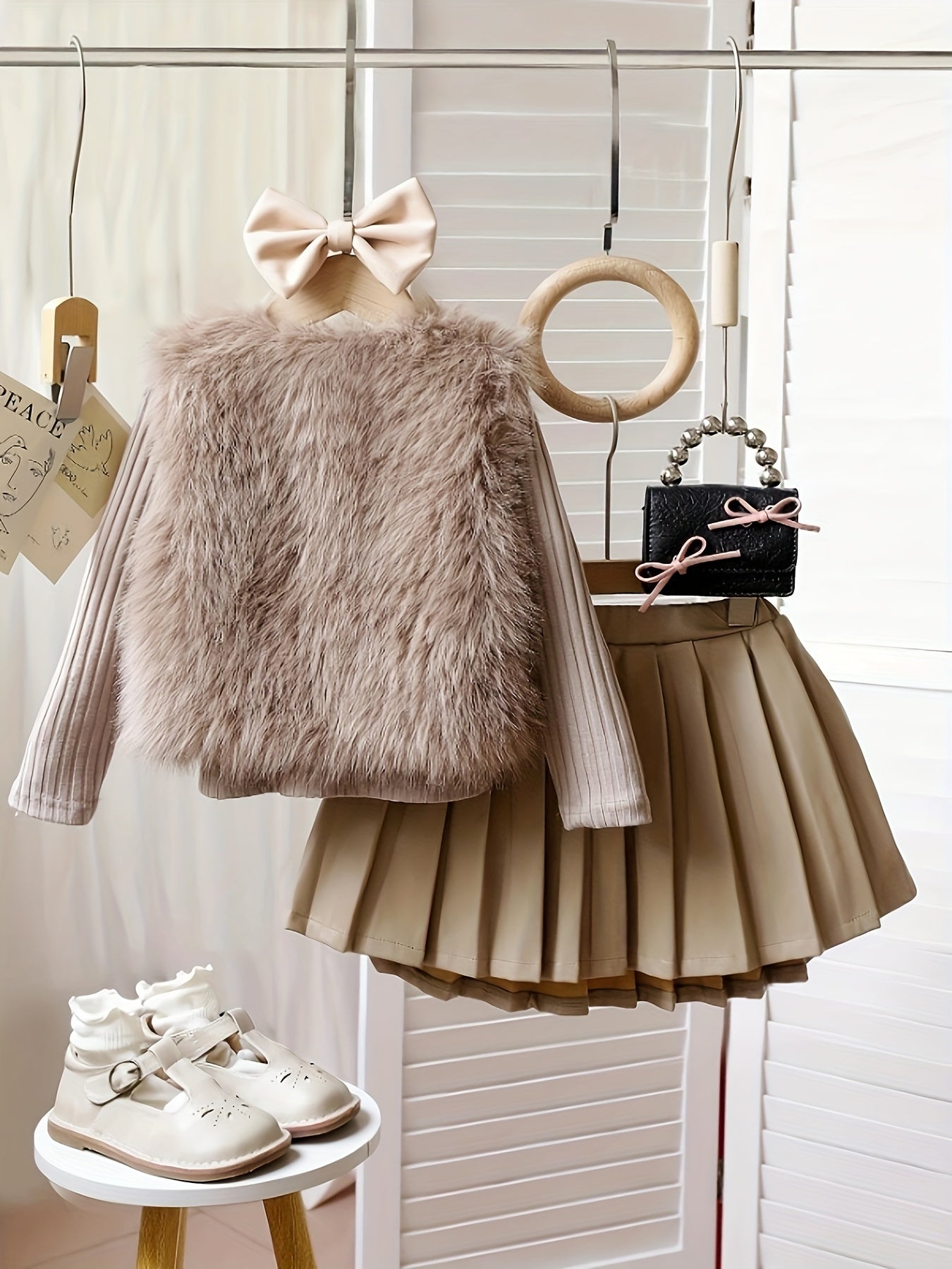 3pcs ' Elegant Winter Fur-like Coat & Skirt Set with Bow Detailing - Soft Pastel Beige or Brown Long Sleeve Dress Outfit, Machine Washable & Dry Cleanable, Cozy Faux-Fur Trim, Ruffled Collar & Layered Skirt for Fall/Winter, B