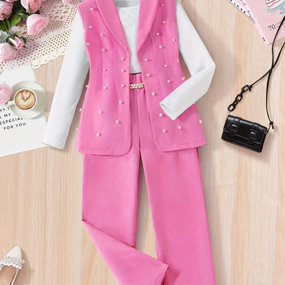 3pcs Set, Spring and Autumn Girls' Fashion Outfit with Beaded Jacket + Camisole Top + Slim Fit Straight Pants, Suitable for 8-12 Years Old Kids Girls Outdoor Wear, for Outdoor