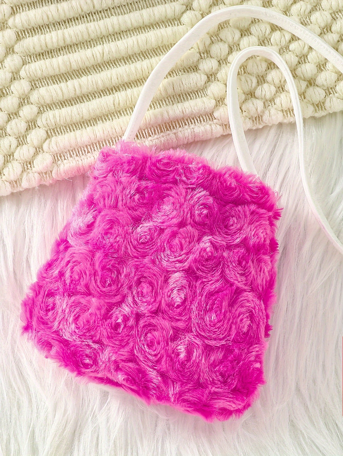 Girl's Round Neck Long Sleeve Dress with Rose Bud Pattern Fuzzy Sleeves and Bag, Suitable for Spring and Autumn Outdoor Casual Wear