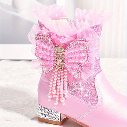 Shoes with Fleece for Winter, Stylish Short Boots for Girls, New Warm High-Heeled Princess Shoes with Bows for Snowy Days.