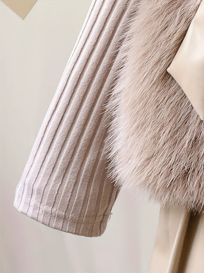 3pcs ' Elegant Winter Fur-like Coat & Skirt Set with Bow Detailing - Soft Pastel Beige or Brown Long Sleeve Dress Outfit, Machine Washable & Dry Cleanable, Cozy Faux-Fur Trim, Ruffled Collar & Layered Skirt for Fall/Winter, B