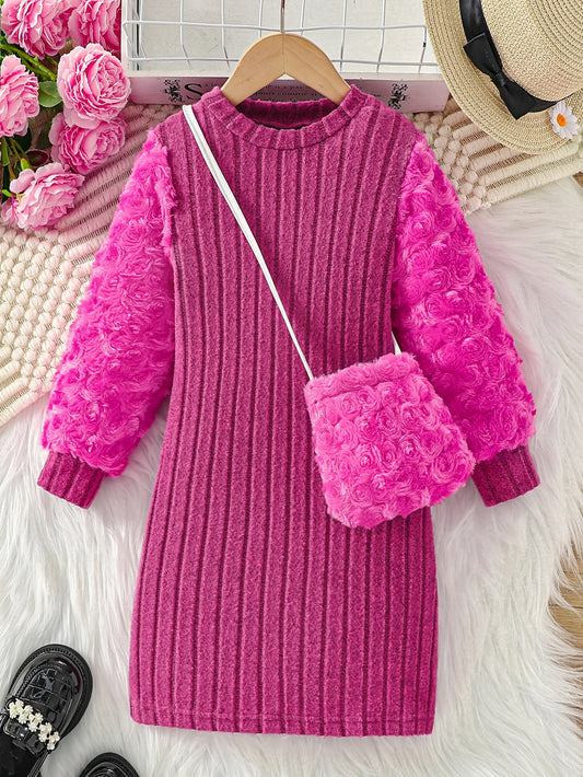 Girl's Round Neck Long Sleeve Dress with Rose Bud Pattern Fuzzy Sleeves and Bag, Suitable for Spring and Autumn Outdoor Casual Wear