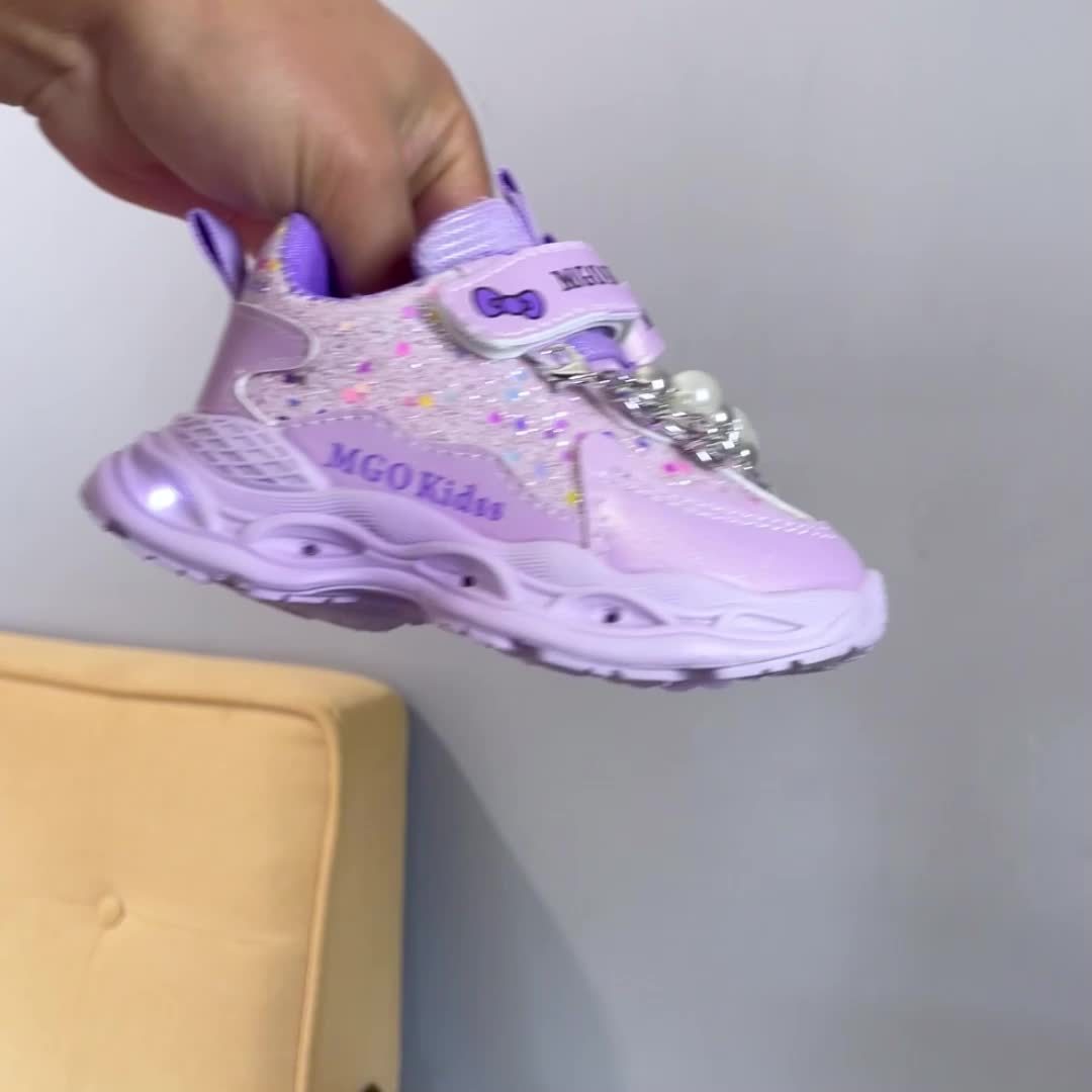 MGO Kidss Girls' LED Light-Up Sneakers with Beads & Bows - Glowing Shoes for Night Walks, Parties, - Low-Top Sparkling Dance Shoes (Pink/Purple) Ages 1-6 Years, Easy Closure, PU/PVC/ (-Free)