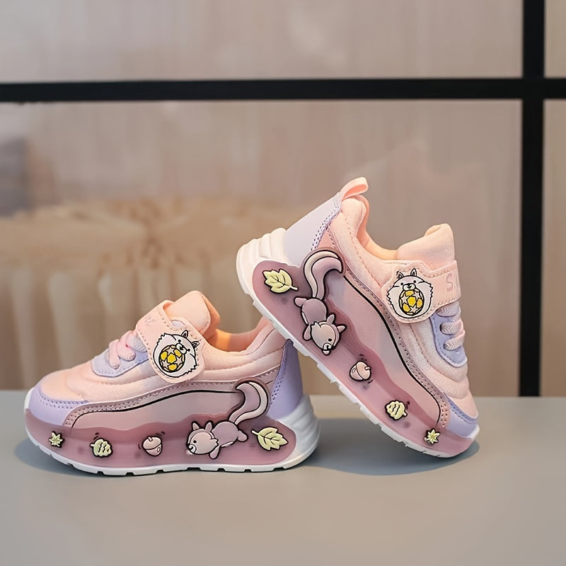 Girls' LED -Up Sneakers with Glowing Soles & Cute Squirrel/Mushroom/Tomato Print - Multicolor Low-Top Closure Sparkling Shoes for Parties,, Casual Attire - All-Season Kids' Flash Shoes (Pink/Green/White)