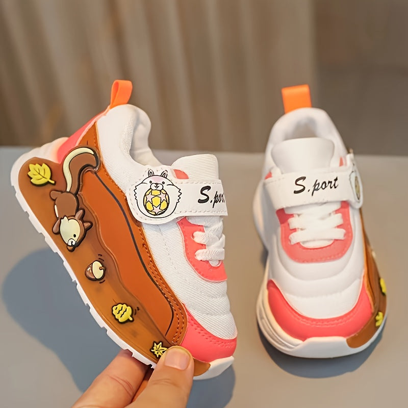 Girls' LED -Up Sneakers with Glowing Soles & Cute Squirrel/Mushroom/Tomato Print - Multicolor Low-Top Closure Sparkling Shoes for Parties,, Casual Attire - All-Season Kids' Flash Shoes (Pink/Green/White)