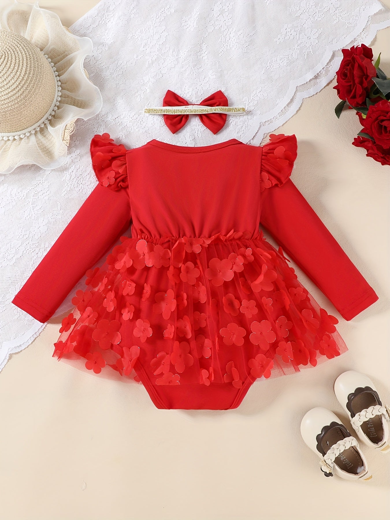 2-Pack Girls' Christmas/Halloween Casual Fashion Dress, Round Neck Bow Tie Patchwork 3D Flower Mesh Long Sleeve + Two-Piece Set with Butterfly Headband - Stretchy Machine Washable Fabric for Newborn Party Gatherings and Outdo