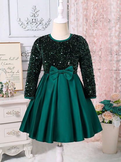 Girls' Elegant Long Sleeve Sequin & Mesh Princess Dress with Bow Detail - Emerald Green A-Line Short Dress, Machine Washable for Spring/Fall Formal Events