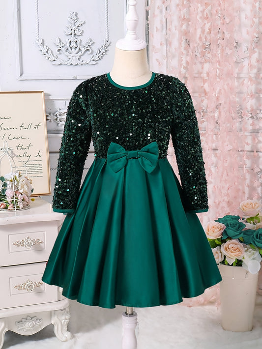 Girls' Elegant Long Sleeve Sequin & Mesh Princess Dress with Bow Detail - Emerald Green A-Line Short Dress, Machine Washable for Spring/Fall Formal Events