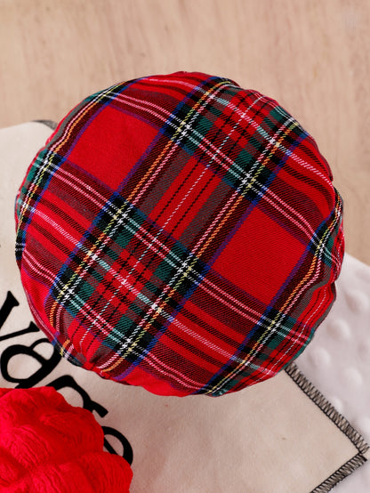 Girls' Red Bubble Long Sleeve Top and Double Bow Red Plaid Skirt with Hat Casual Performance Outfit Three-Piece Set, Perfect for Outdoor, Perfect for, Christmas Clothes Kids