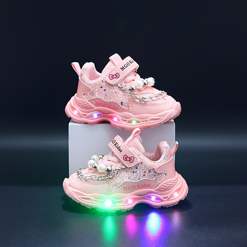 MGO Kidss Girls' LED Light-Up Sneakers with Beads & Bows - Glowing Shoes for Night Walks, Parties, - Low-Top Sparkling Dance Shoes (Pink/Purple) Ages 1-6 Years, Easy Closure, PU/PVC/ (-Free)
