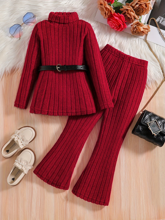 2pcs Girls' Elegant Winter Knit Outfit Set - Soft Red High-Neck Sweater & Wide-Bell Bottom Pants with Elastic Waist, Cozy 2pcs Ensemble for Christmas Parties, Casual Attire, Machine Washable ( to Early Teen), Perfect for Outd