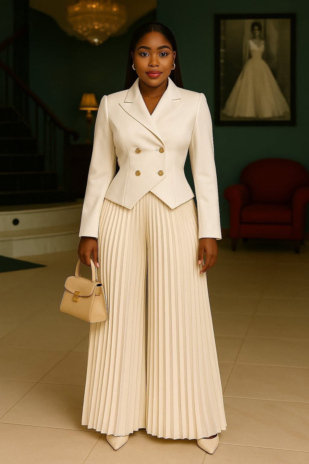 Elegant Pleated Cream Power Set | Made to Order | Two Piece Set | Tessy Modest Home - Tessy Modest Home