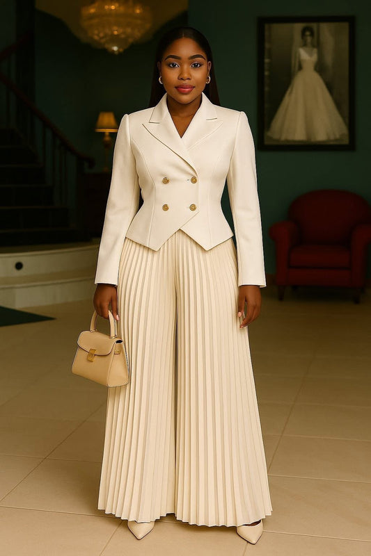 Elegant Pleated Cream Power Set | Made to Order | Two Piece Set | Tessy Modest Home - Tessy Modest Home