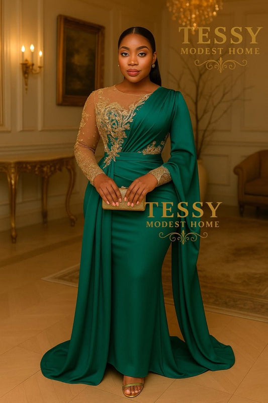 Emerald Grace Gown | Green & Gold Long Sleeve Draped Dress | Made to Order | Tessy Modest Home - Tessy Modest Home