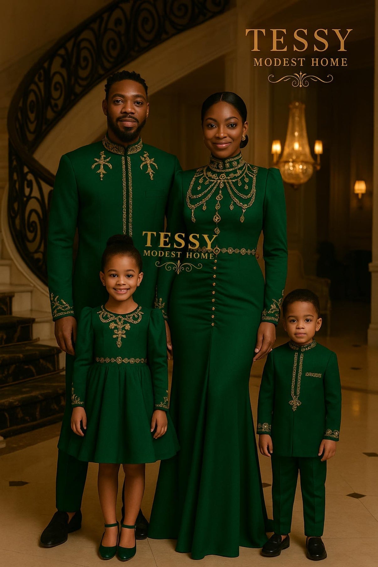 Emerald Majesty | Green & Gold Family Formal Set | Made - to - Order | Tessy Modest Home - Tessy Modest Home
