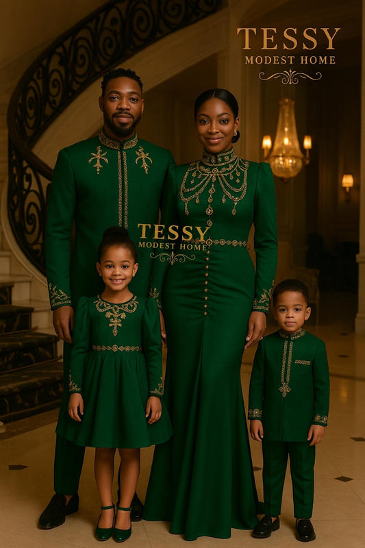 Emerald Majesty | Green & Gold Family Formal Set | Made - to - Order | Tessy Modest Home - Tessy Modest Home