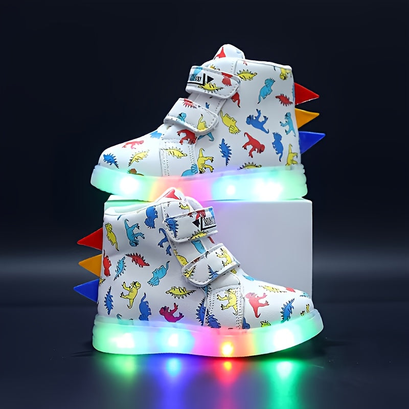 2025 New Kids' Colorful Dinosaur Glow-in-the-Dark Casual Sneakers, Cool Style, Dino Shoes for Kids, 's Sneakers, Everyday Kids Shoes, Playful Footwear, Fun Cartoon Design, Comfortable Fit, Durable Kids Shoes, Round Toe Shoes,