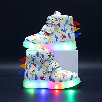 2025 New Kids' Colorful Dinosaur Glow-in-the-Dark Casual Sneakers, Cool Style, Dino Shoes for Kids, 's Sneakers, Everyday Kids Shoes, Playful Footwear, Fun Cartoon Design, Comfortable Fit, Durable Kids Shoes, Round Toe Shoes,