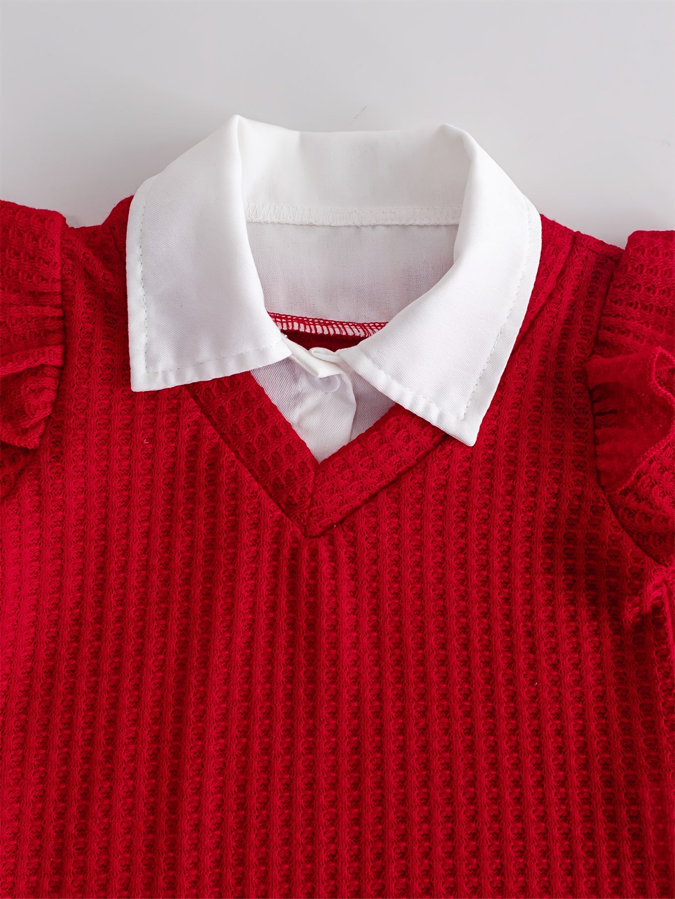 Girls' Autumn Winter Casual Faux Two-Piece Long Sleeve Shirt with Turn- Collar and Embroidered Cherry Jeans Pants, Comfortable Soft Light Beige-Friendly Fabric Trendy Versatile Outfit for Sports Vacation Party Wear Perfect Gi