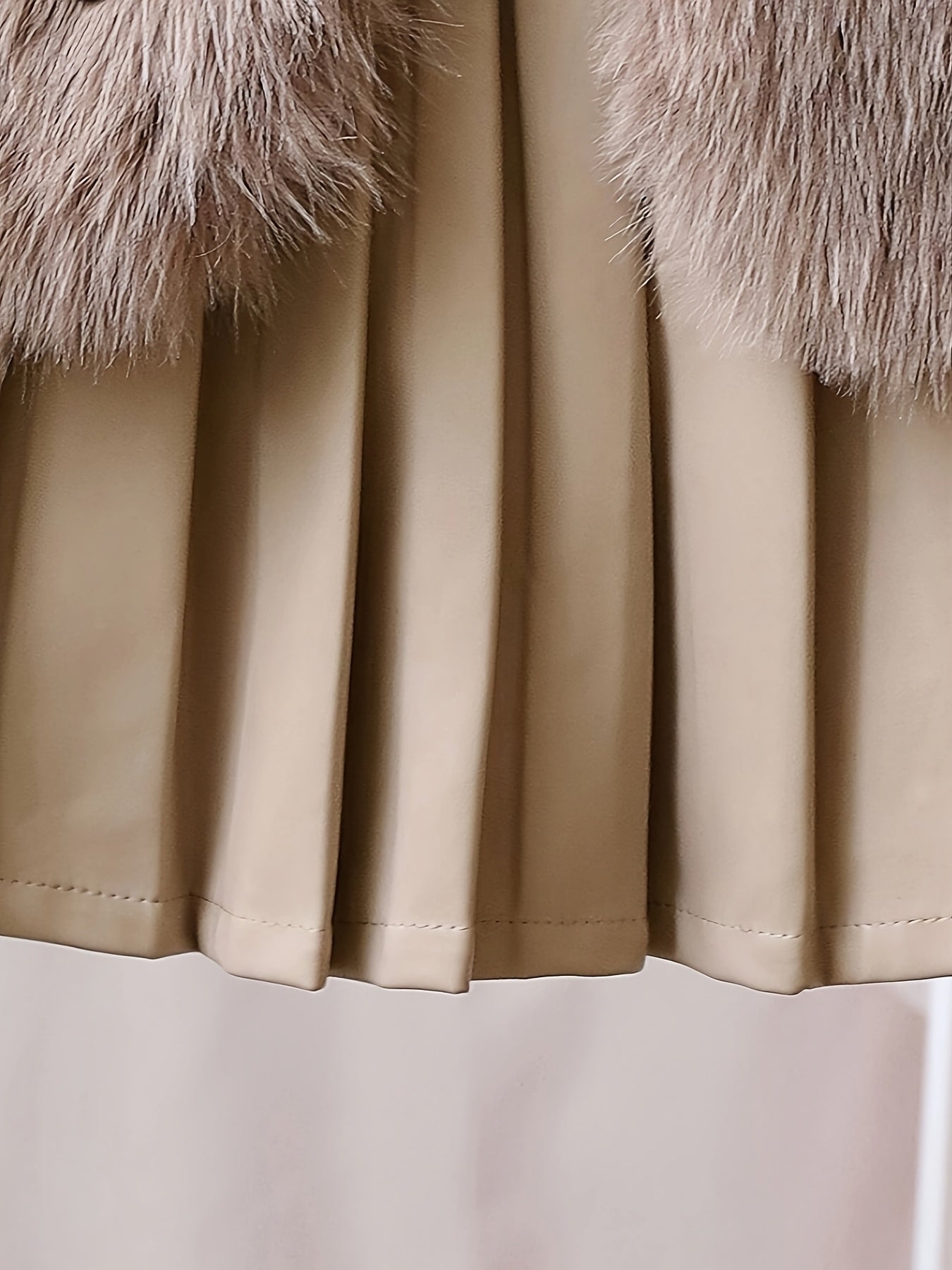 3pcs ' Elegant Winter Fur-like Coat & Skirt Set with Bow Detailing - Soft Pastel Beige or Brown Long Sleeve Dress Outfit, Machine Washable & Dry Cleanable, Cozy Faux-Fur Trim, Ruffled Collar & Layered Skirt for Fall/Winter, B