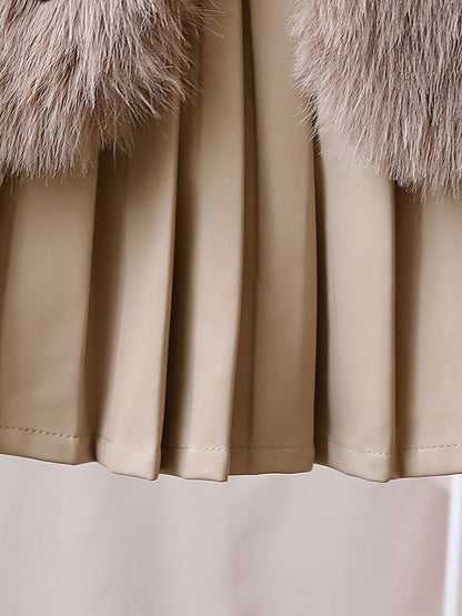 3pcs ' Elegant Winter Fur-like Coat & Skirt Set with Bow Detailing - Soft Pastel Beige or Brown Long Sleeve Dress Outfit, Machine Washable & Dry Cleanable, Cozy Faux-Fur Trim, Ruffled Collar & Layered Skirt for Fall/Winter, B