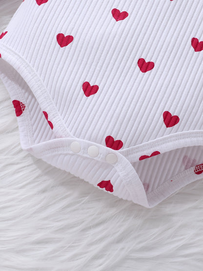 Girls' Love Print Ruffle Sleeve Top Double Skirt Overalls with Bow Headband Three-Piece Set, for Outdoor