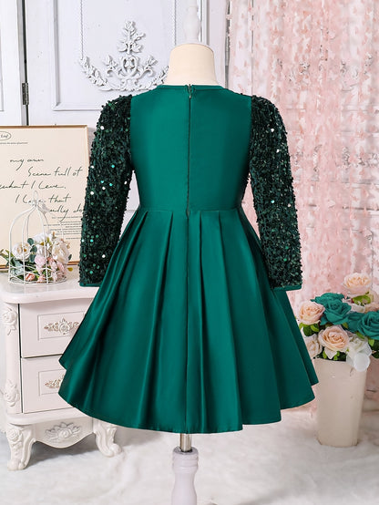 Girls' Elegant Long Sleeve Sequin & Mesh Princess Dress with Bow Detail - Emerald Green A-Line Short Dress, Machine Washable for Spring/Fall Formal Events