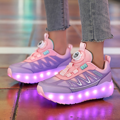 LED Light-Up Girls' Roller Skates with Rotating Brightness & Detachable Wheels - USB Rechargeable Low-Top Sneakers, Adjustable Straps, TPR Sole for All-Season Casual Sports & Rollerblading, Shoes for Girls, Sleek Shoe Design,