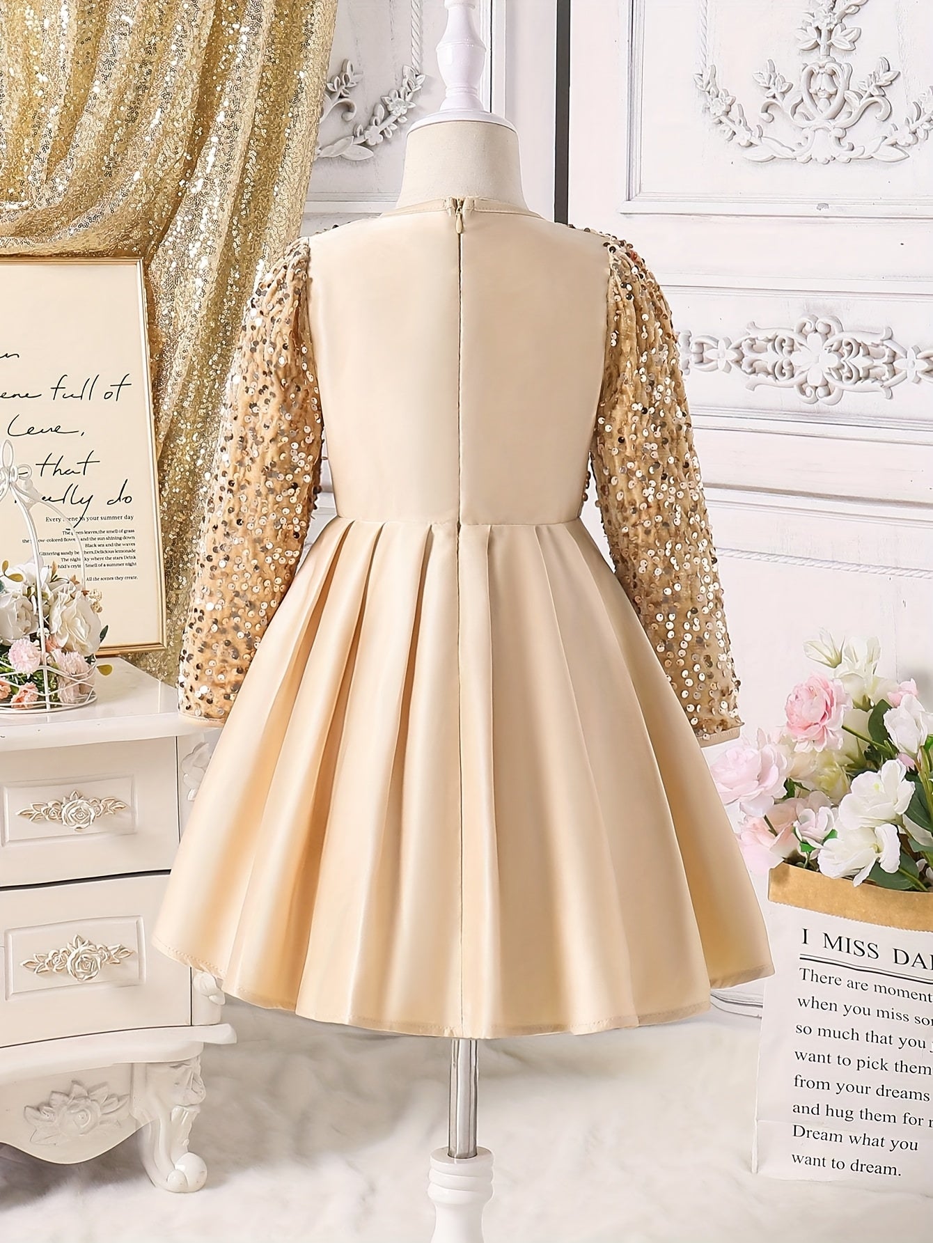 Girls' Elegant Long Sleeve Sequin & Mesh Princess Dress with Bow Detail - Emerald Green A-Line Short Dress, Machine Washable for Spring/Fall Formal Events