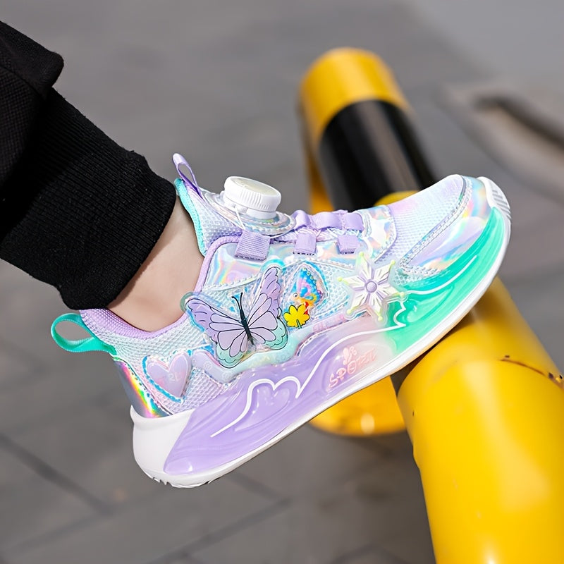 Trendy Iridescent Girls' Sneakers with Colorful Butterfly & Flower Design - Breathable Mesh Upper, EVA Sole, Cute Low-Top Sneakers for Youngsters, Girls' Sneakers | Playful Footwear | EVA Sole Sneaker