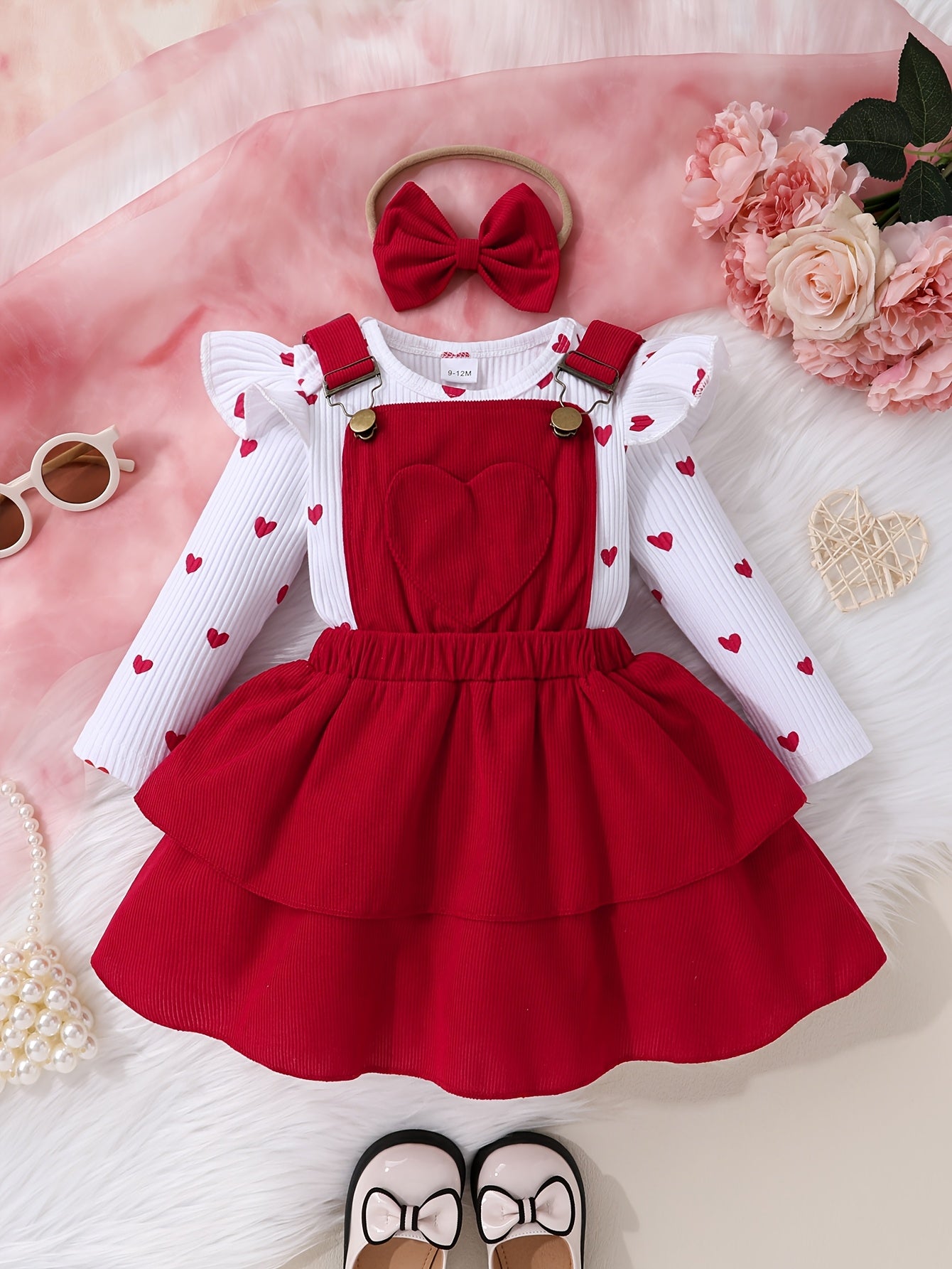 Girls' Love Print Ruffle Sleeve Top Double Skirt Overalls with Bow Headband Three-Piece Set, for Outdoor