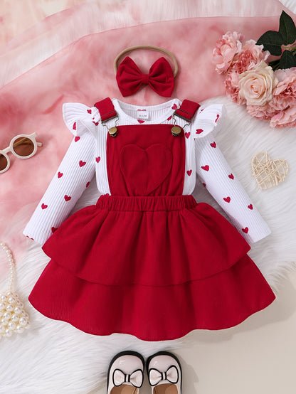 Girls' Love Print Ruffle Sleeve Top Double Skirt Overalls with Bow Headband Three-Piece Set, for Outdoor