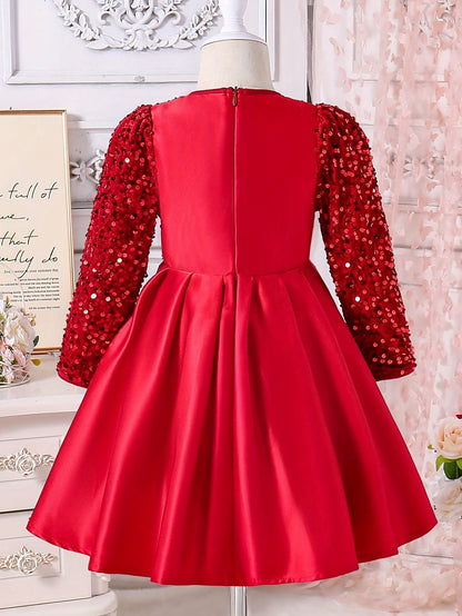 Girls' Elegant Long Sleeve Sequin & Mesh Princess Dress with Bow Detail - Emerald Green A-Line Short Dress, Machine Washable for Spring/Fall Formal Events