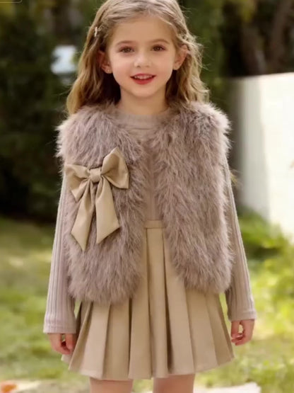 3pcs ' Elegant Winter Fur-like Coat & Skirt Set with Bow Detailing - Soft Pastel Beige or Brown Long Sleeve Dress Outfit, Machine Washable & Dry Cleanable, Cozy Faux-Fur Trim, Ruffled Collar & Layered Skirt for Fall/Winter, B