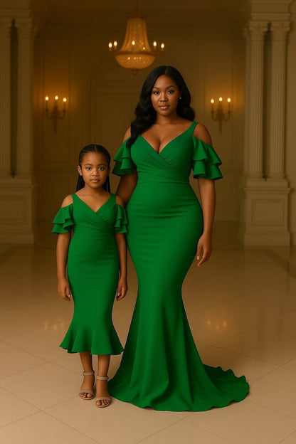 Graceful Harmony | Green Ruffle Sleeve Mother - Daughter Gown Set | Made - to - Order | Tessy Modest Home - Tessy Modest Home