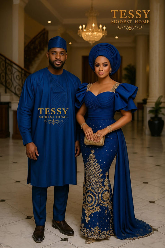 Majestic Empress | Royal Blue & Gold Embellished Couple Set | Made - to - Order | Tessy Modest Home - Tessy Modest Home