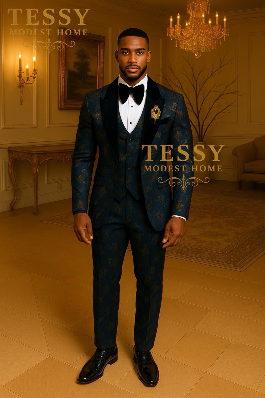 Midnight Blue Brocade Tuxedo | Tessy Modest Home | Royal Elegance in Every Stitch - Tessy Modest Home