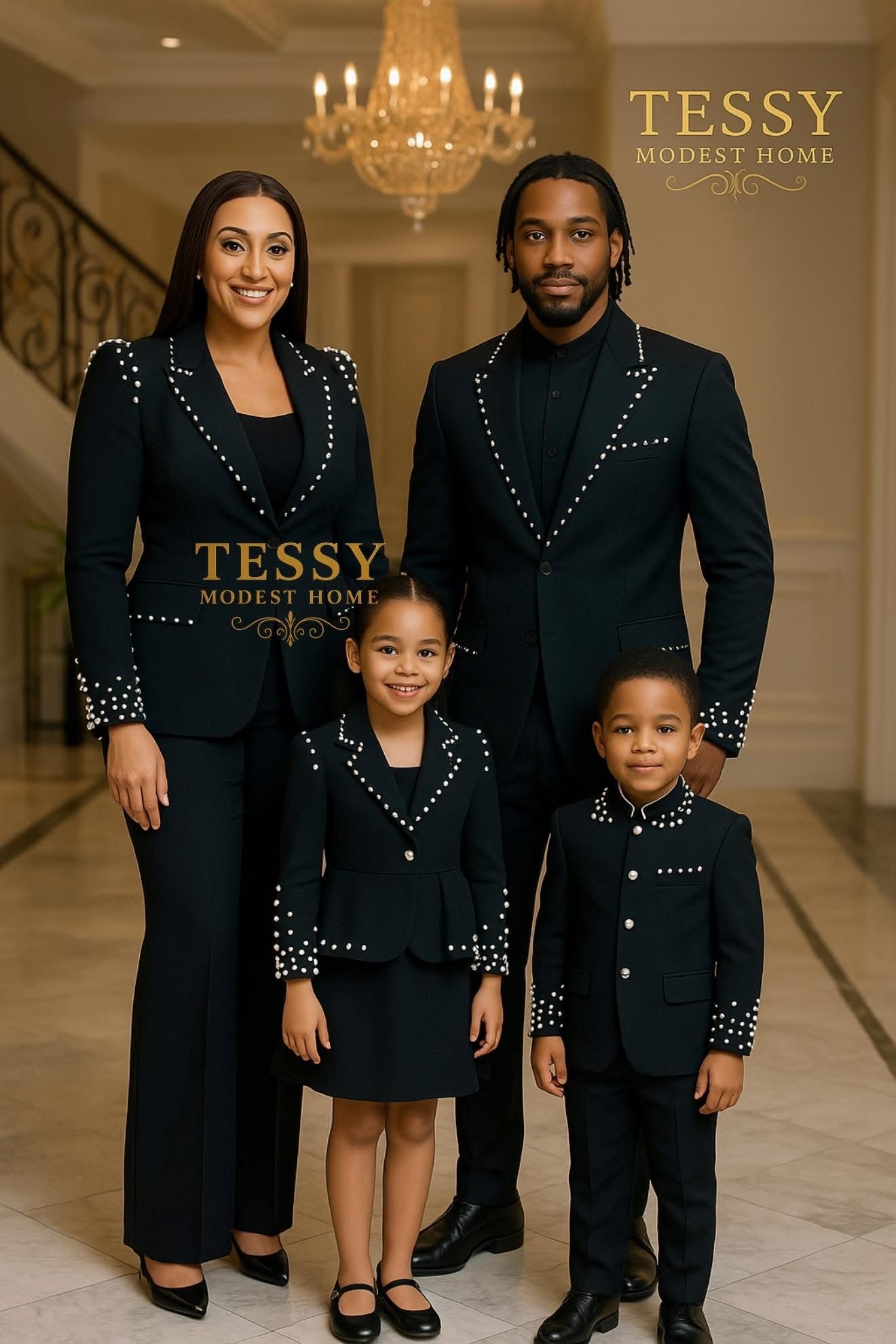 Midnight Glamour | Black Pearl - Embellished Family Formal Set | Made - to - Order | Tessy Modest Home - Tessy Modest Home