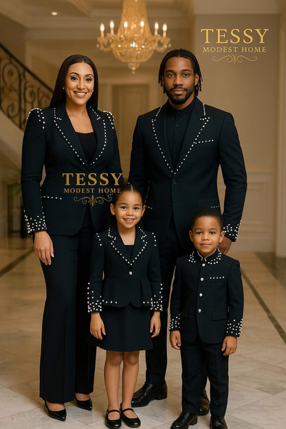 Midnight Glamour | Black Pearl - Embellished Family Formal Set | Made - to - Order | Tessy Modest Home - Tessy Modest Home