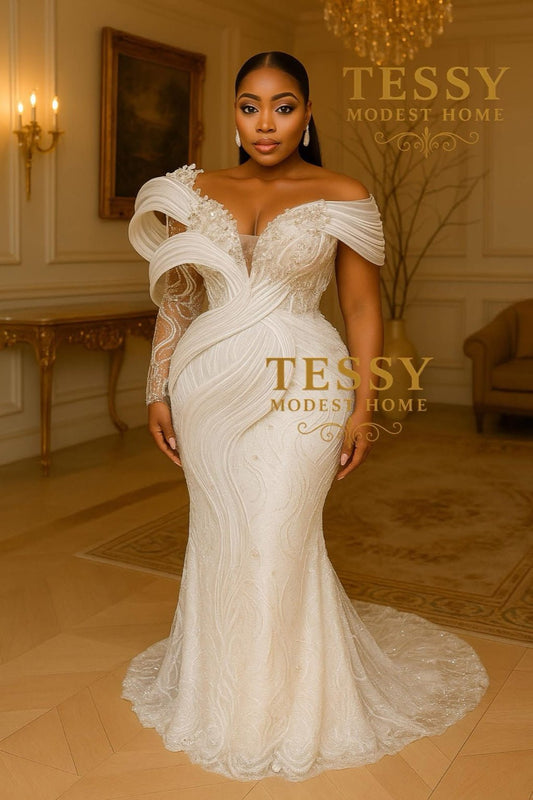 Pearl Radiance Gown | Ivory Off - Shoulder Bridal Dress | Made to Order | Tessy Modest Home - Tessy Modest Home