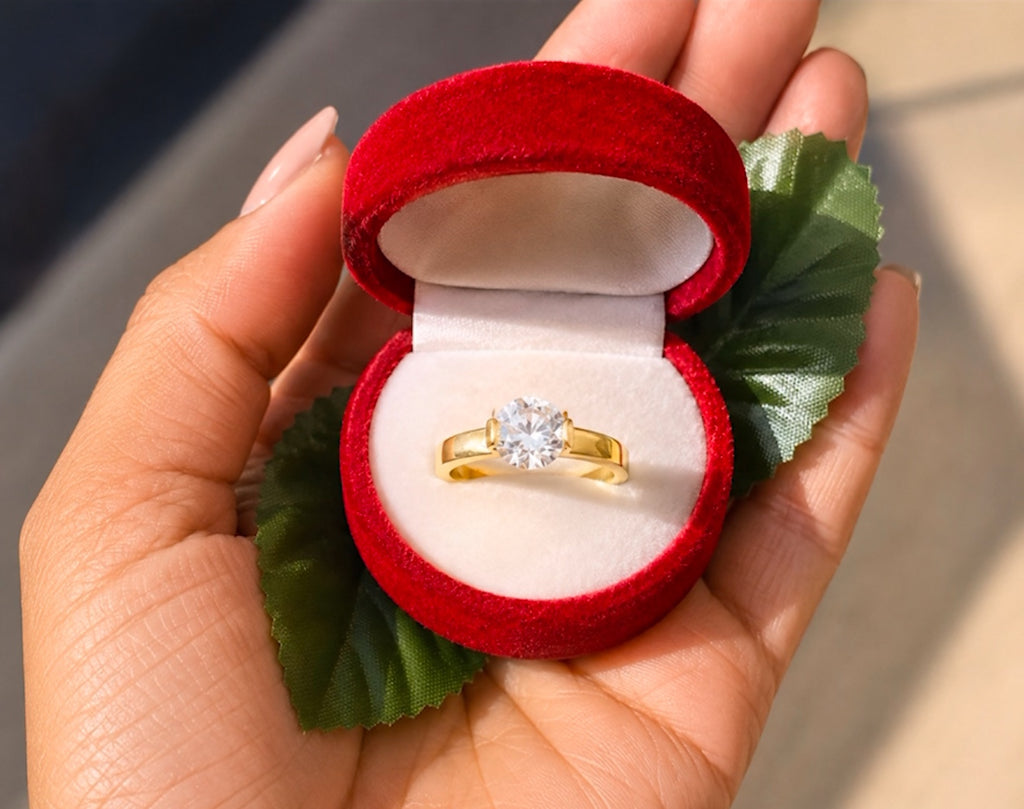 Celeste Round Solitaire Ring in red presentation box