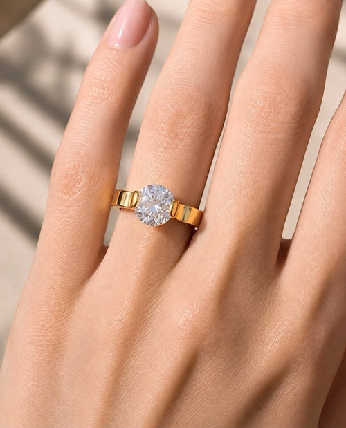 Celeste Round Solitaire Ring worn on hand