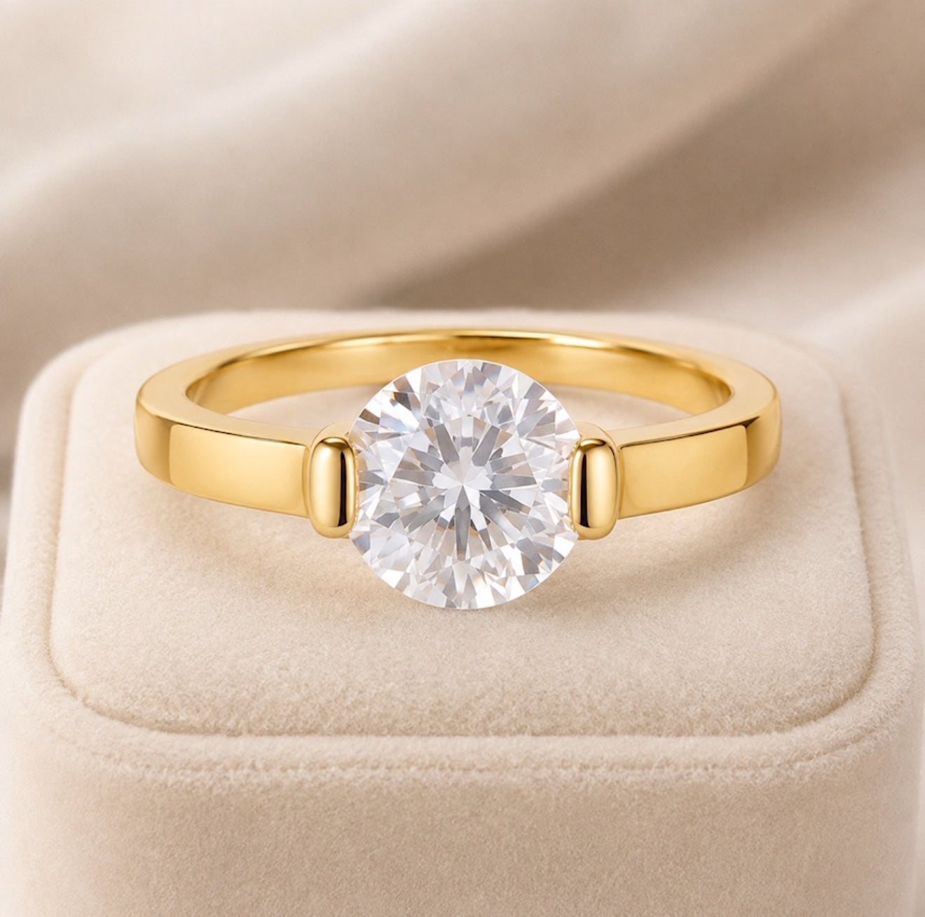 Celeste Round Solitaire Ring on jewellery display