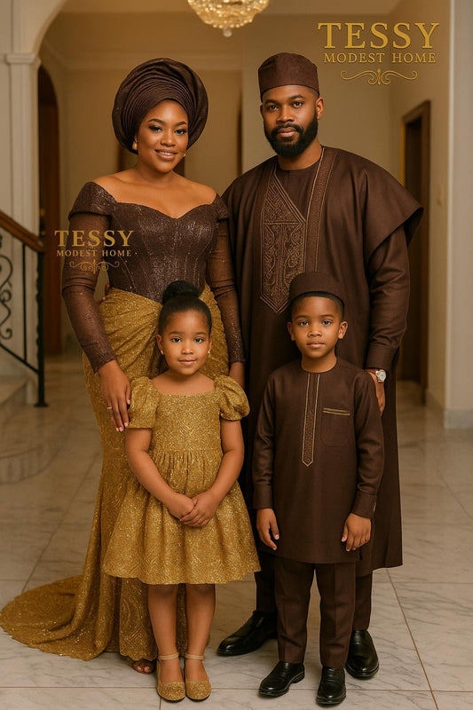 Regal Harmony | Elegant Brown & Gold Family Outfit Set | Tessy Modest Home - Tessy Modest Home