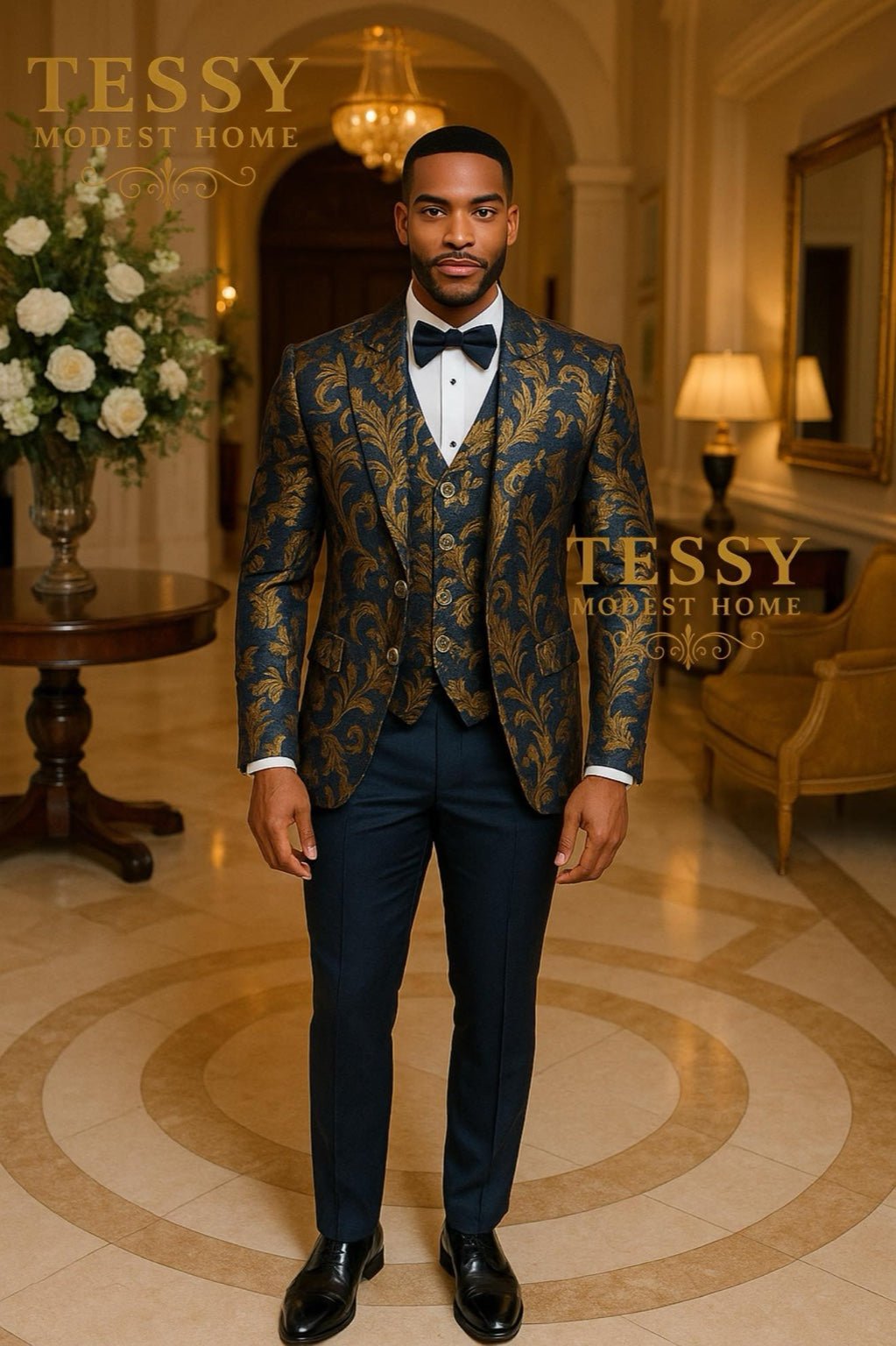 Royal Baroque Navy & Gold Suit | Tessy Modest Home | Handmade Statement Elegance - Tessy Modest Home
